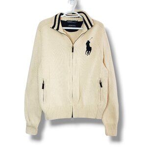 Vintage 90s Polo Ralph Lauren Big Horse Zip Up Knit Sweater Cream White Size L